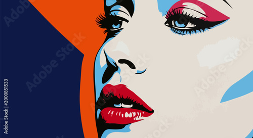 Pop art woman face, colorful makeup, bold illustration, graphic portrait