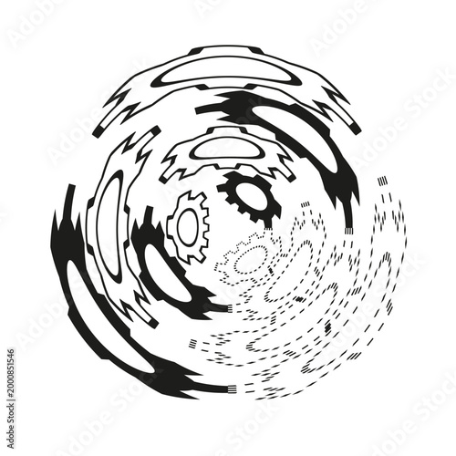Gears in circular tunnel composition vector. Industrial element represents complex engineering processes and mechanical logic.