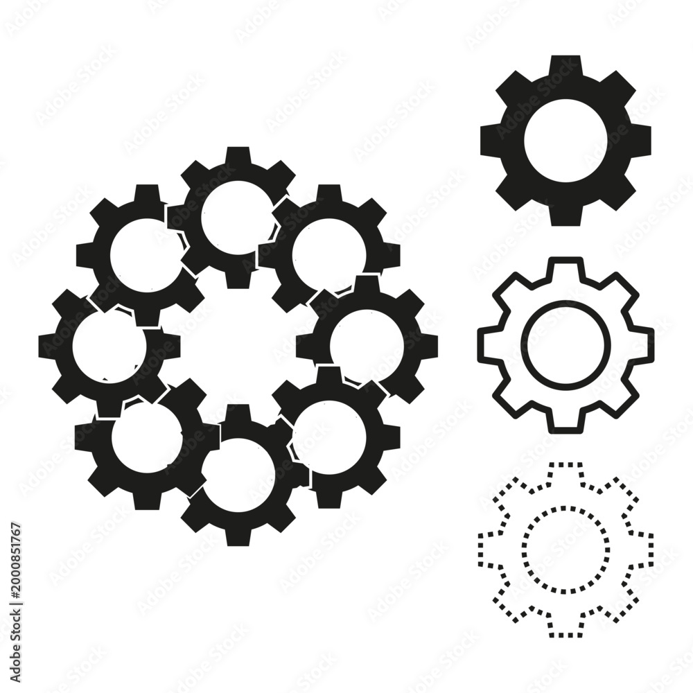 Fototapeta premium Gear set icon group in various styles vector. Professional mechanical elements illustrate complex engine parts and industrial progress.