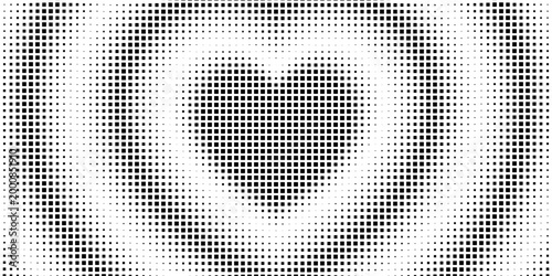 Halftone heart pattern with gradient dots creates romantic texture. Perfect for love theme designs, Valentines cards, medical badges, or abstract digital backgrounds.