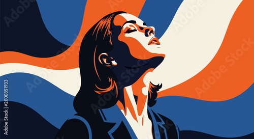 Retro pop art woman looking up with hope, vintage propaganda style female portrait, colorful abstract wavy background vector illustration