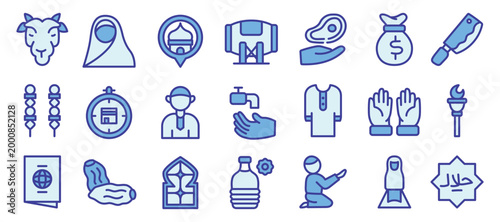 Eid al Adha Blue Color Icon Set Islamic Festival Outline Vector Collection