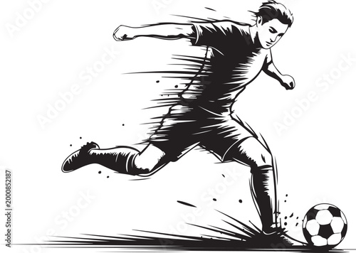 Soccer player kicking a ball in action