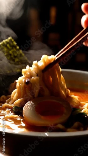 Steaming Bowl of Ramen Noodles With Soft Boiled Egg and Pork Slices
