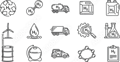 Hydrogen energy outline icon set including production storage transport fuel cell renewable technology and industrial applications
