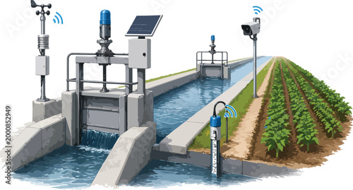 Smart irrigation system with water gates and sensors in a canal
