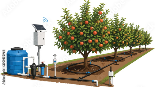 Smart irrigation system for an orchard with solar power