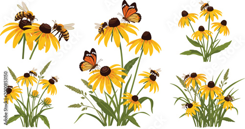 Yellow Black Eyed Susan Wildflower Set with Honey Bees and Monarch Butterfly Nature Collection