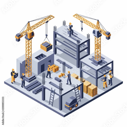 Bild auf Leinwand Construction Site with Cranes and Workers Building Structure.