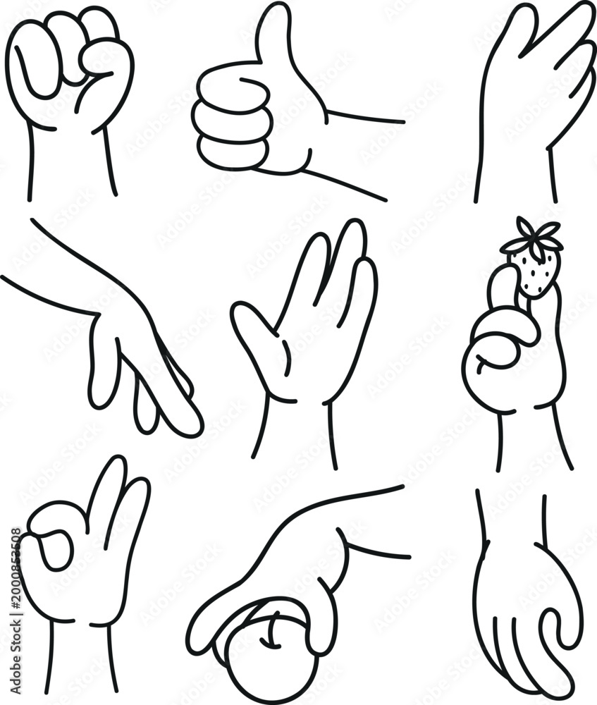 Obraz premium Stylized four-fingered hands of different colors and in different poses, outline only.