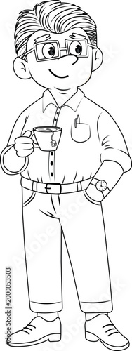 Coloring page: A man in a white shirt, brown trousers, and glasses stands with a mug of tea.