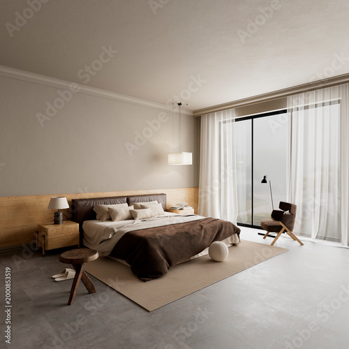 Modern bedroom interior with brown bed and large negative space on neutral wall featuring minimal luxury design and natural lighting. 3D illustration