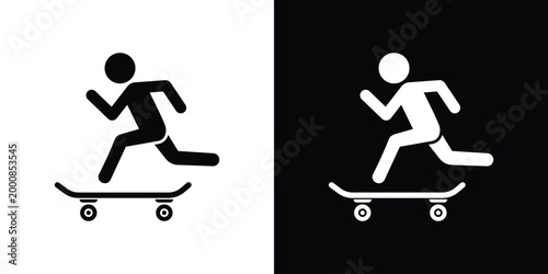 Simple vector icon of a person skateboarding. Flat design, isolated on black and white backgrounds. Perfect for sports, leisure, and active lifestyle concepts.