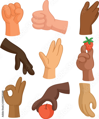Stylized four-fingered hands of different colors and in different poses.