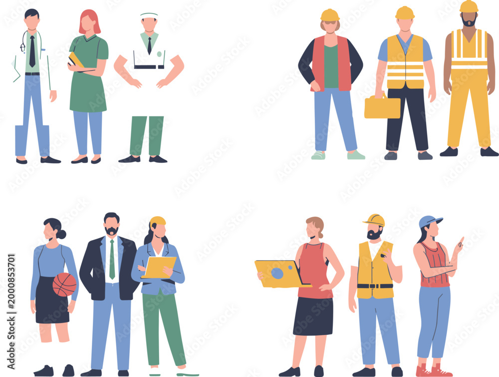 Fototapeta premium Diverse professions people set featuring doctors engineers construction workers and office employees in modern flat character illustration