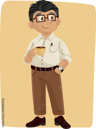 A man in a white shirt, brown trousers, and glasses stands with a mug of tea.