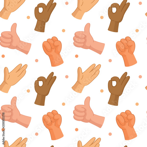 A pattern with stylized hands. Palm, thumb up, OK, and fist.