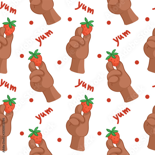 pattern with a brown hand holding a strawberry.