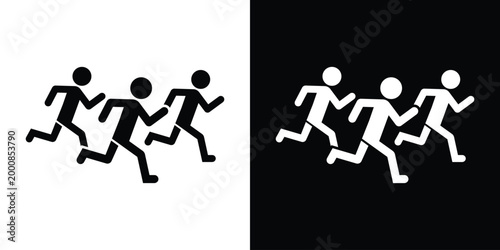 Silhouette icon set of a group of people running. Isolated on black and white backgrounds. Represents athletics, team sports, marathons, cardio training, and group exercise activities for modern desig