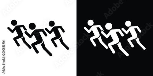 Silhouette icon set of a group of people running. Isolated on black and white backgrounds. Represents athletics, team sports, marathons, cardio training, and group exercise activities for modern desig
