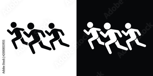 Silhouette icon set of a group of people running. Isolated on black and white backgrounds. Represents athletics, team sports, marathons, cardio training, and group exercise activities for modern desig