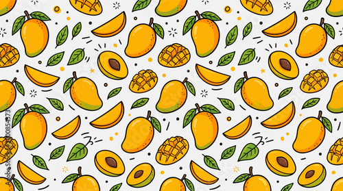 Seamless Mango Fruit Pattern with Slices and Leaves for Summer Textile and Wallpaper Design