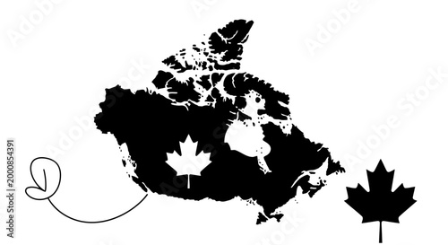 A black silhouette of canada with a white maple leaf