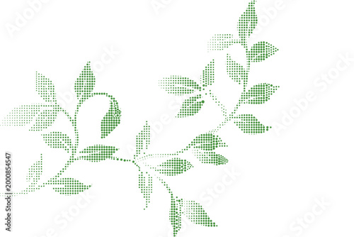 Abstract green halftone leaf branch with dotted pattern. Modern botanical plant silhouette for backgrounds, eco branding, graphic design projects, artworks