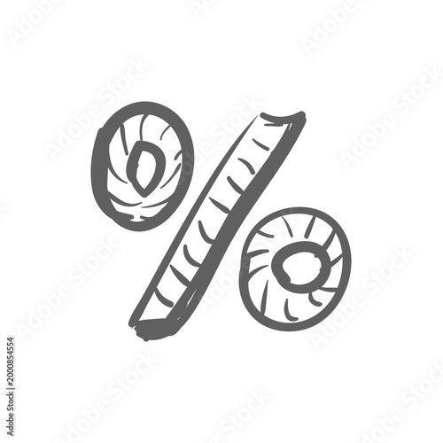 Hand-drawn sketch of a percent symbol on white background, representing financial discounts, shopping sales, mathematical calculations, and business profit margins.
