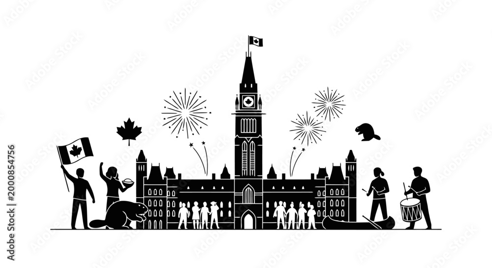 Fototapeta premium Canadian parliament building with people celebrating