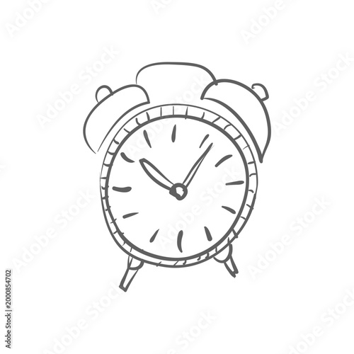 Hand-drawn sketch of a vintage alarm clock on a white background, representing time management, waking up early, and meeting deadlines.
