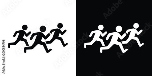Silhouette icon set of a group of people running. Isolated on black and white backgrounds. Represents athletics, team sports, marathons, cardio training, and group exercise activities for modern desig