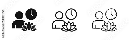 Work-Life Balance and Mindfulness Icons. Person with Clock and Lotus Flower Symbols.
