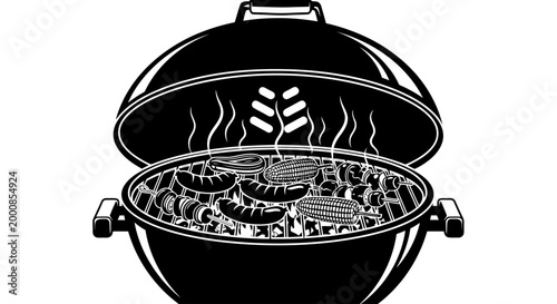 A black and white image of a grill with food on it