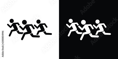 Silhouette icon set of a group of people running. Isolated on black and white backgrounds. Represents athletics, team sports, marathons, cardio training, and group exercise activities for modern desig