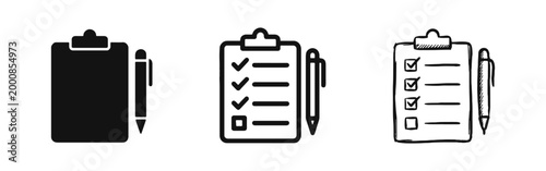 Checklist and Clipboard Icons with Pen. To-Do List, Task Management, and Survey Symbols.
