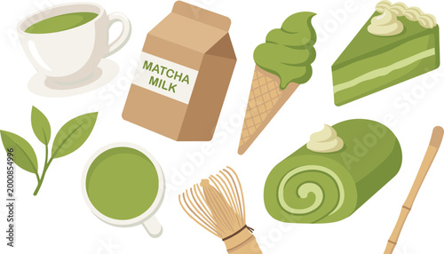 Matcha desserts and tea elements arranged in a clean composition