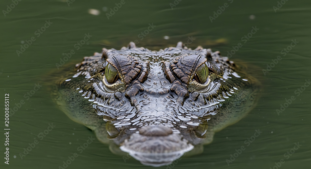 Fototapeta premium Close Up of Saltwater Crocodile Eyes and Snout Above Water Surface