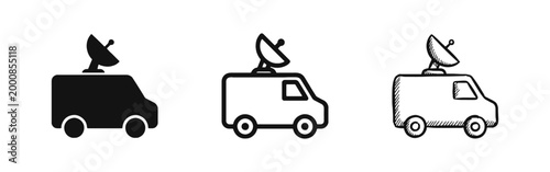 News Van and Satellite Truck Icons. Media, Broadcasting, and Live Report Symbols.