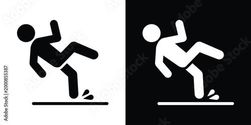 Foto Slipping hazard warning icon featuring a stick figure falling on a wet surface