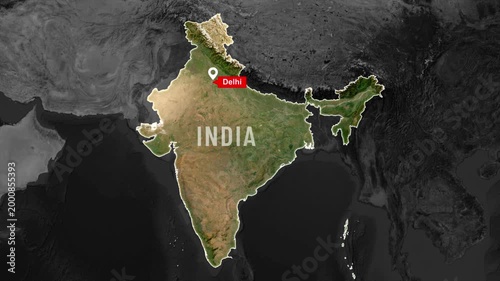 India map highlighted outline animation on world map, marking New Delhi the capital of india