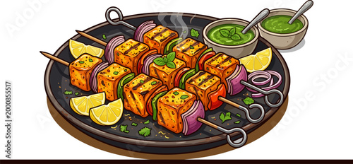 Grilled Paneer Tikka Skewers Vibrant Vector Illustration