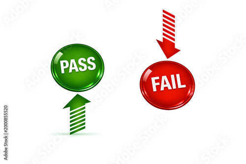 3d success and failure concept with pass and fail buttons and directional arrows in flat design