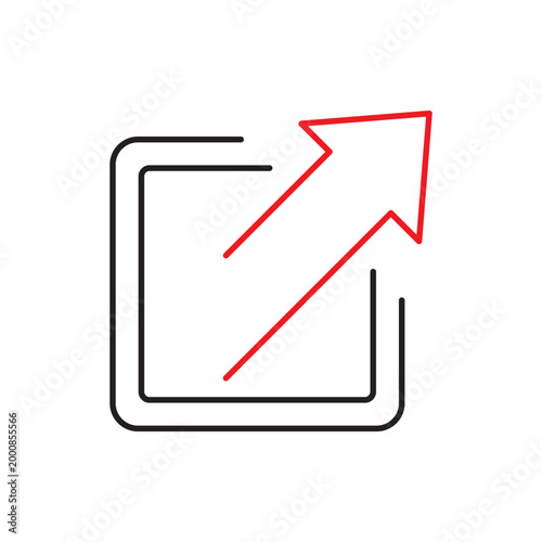 Minimalist export icon featuring a red arrow pointing out from a square frame for web interface, redirection, and external links.
