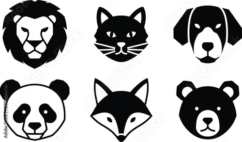 Black and white animal heads collection lion cat dog panda fox and bear faces