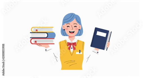 A cheerful female student with blue hair wearing a yellow vest holds a stack of books and a single book against a white background.