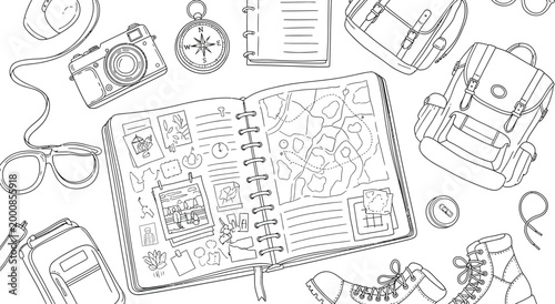 Overhead view of essential travel accessories for an exciting adventure including a journal, camera, compass, backpacks, and hiking boots, ready for exploration.
