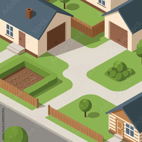 Foto Isometric view of suburban houses with garages and fences.