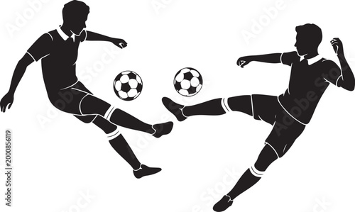 Two soccer players kicking footballs mid-air