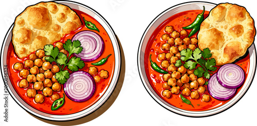 Spicy Chickpea Curry With Fried Bread Vector Illustration